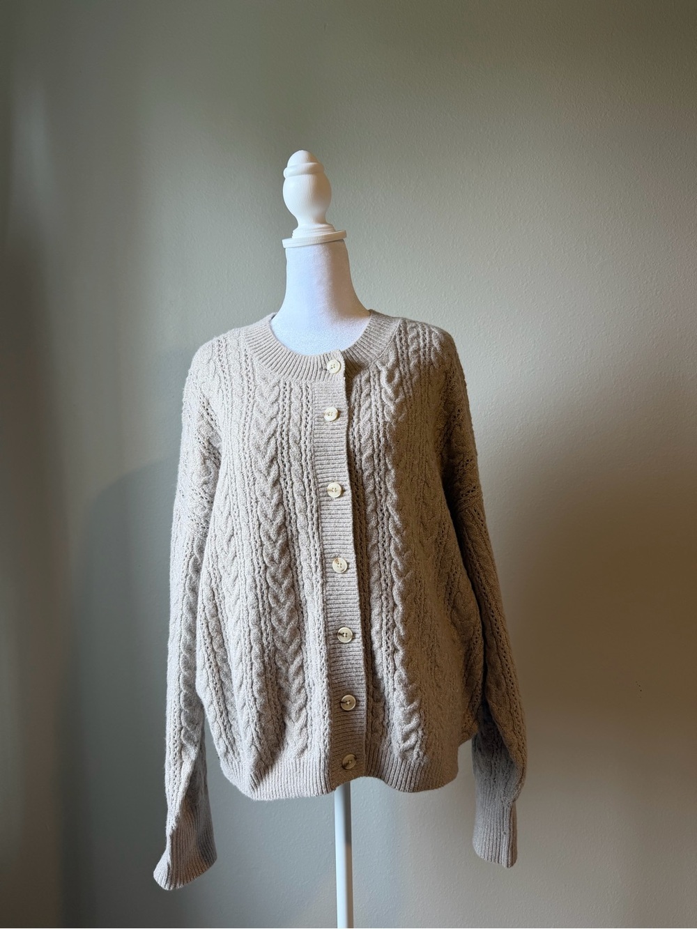 LC Lauren Conrad Neutral Beige Cable-Knit Button Cardigan